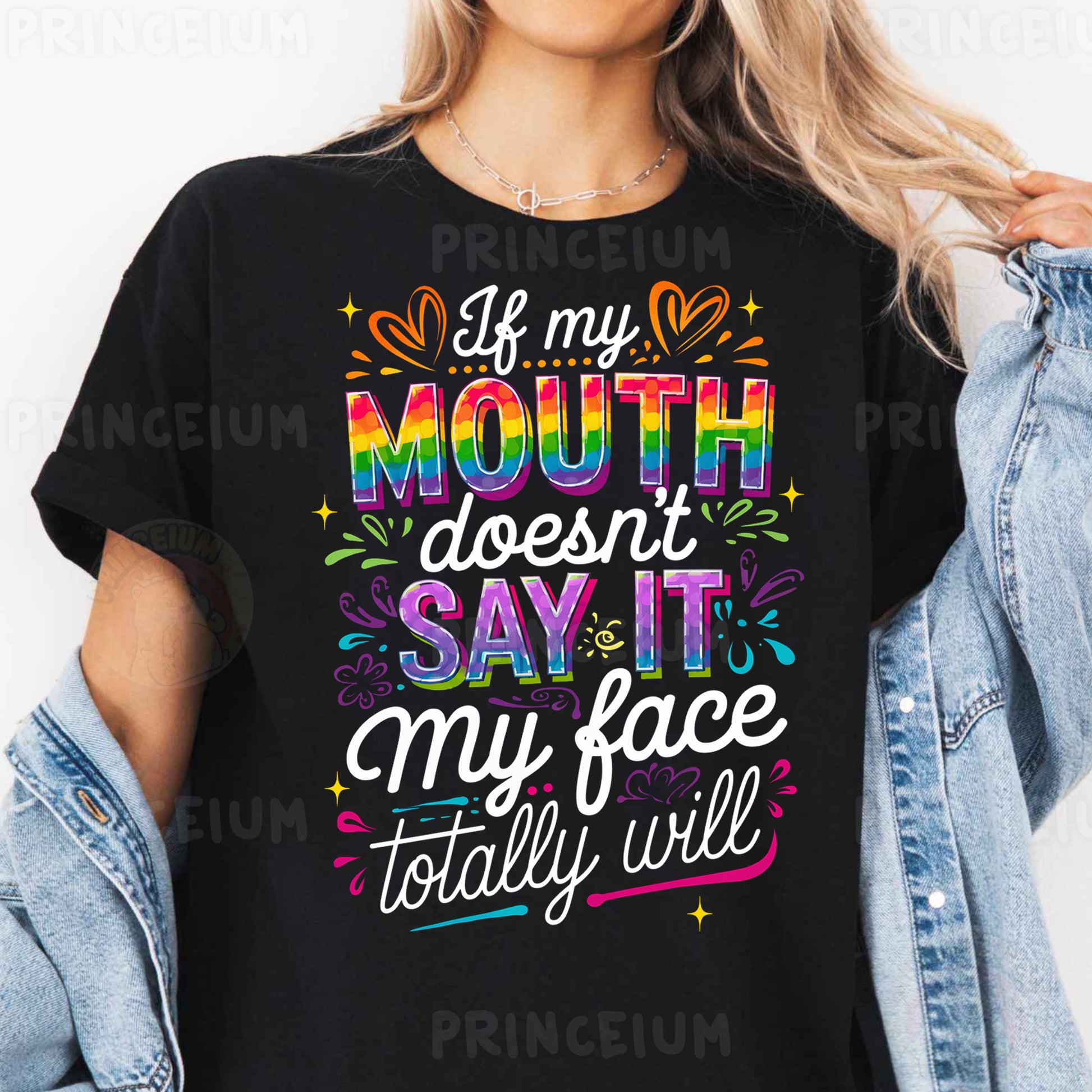 a woman wearing a t - shirt that says if my mouth doesn't say
