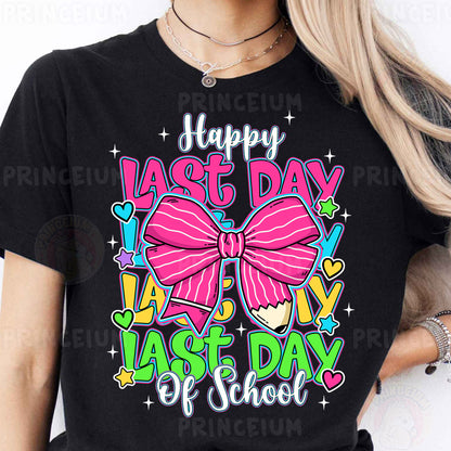 a woman wearing a black t - shirt with the words happy last day last school