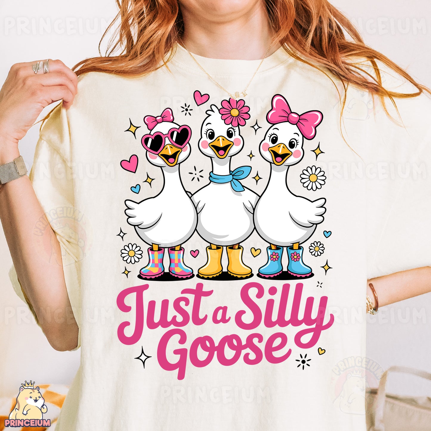 a woman wearing a t - shirt that says just a silly goose