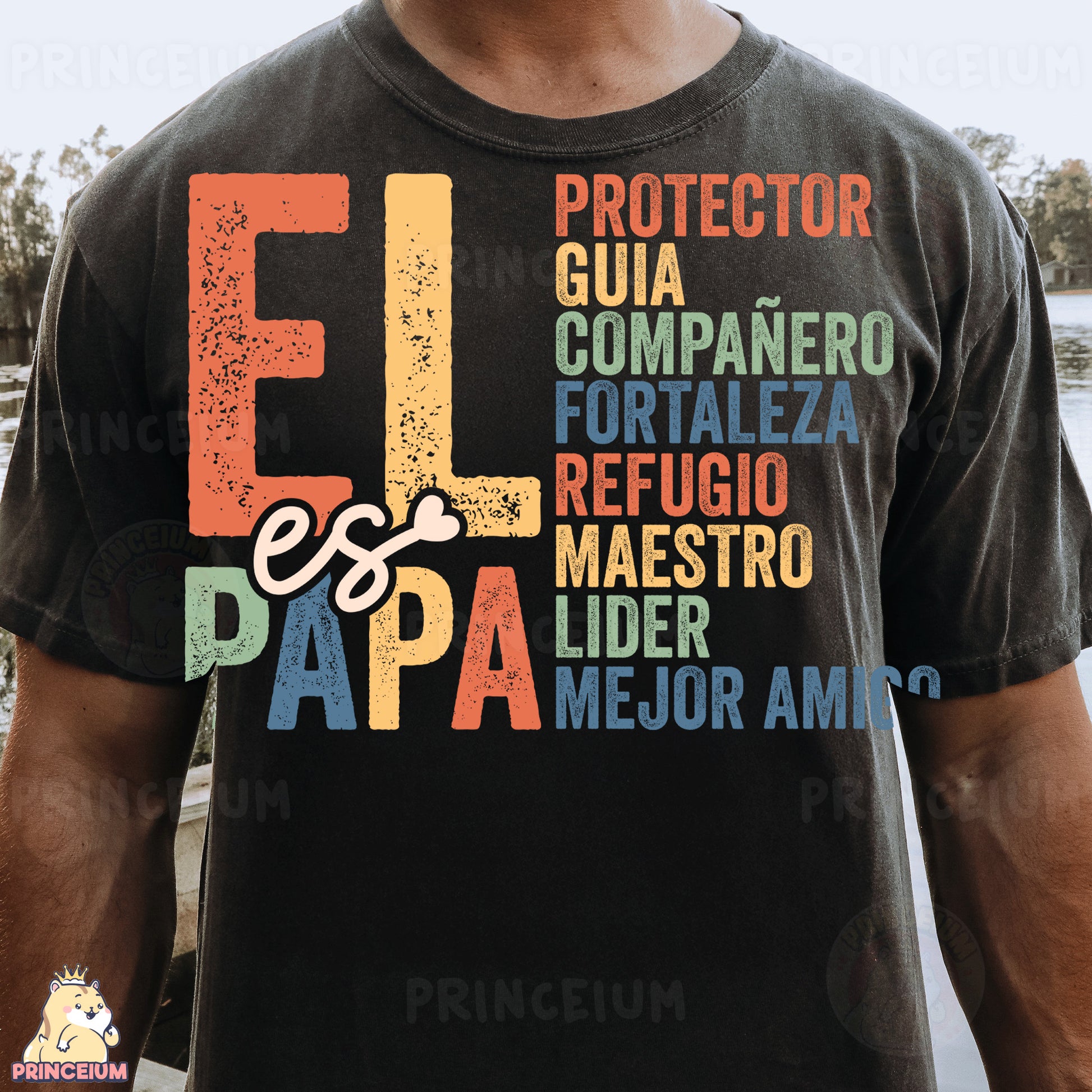 a man wearing a black t - shirt with different languages on it