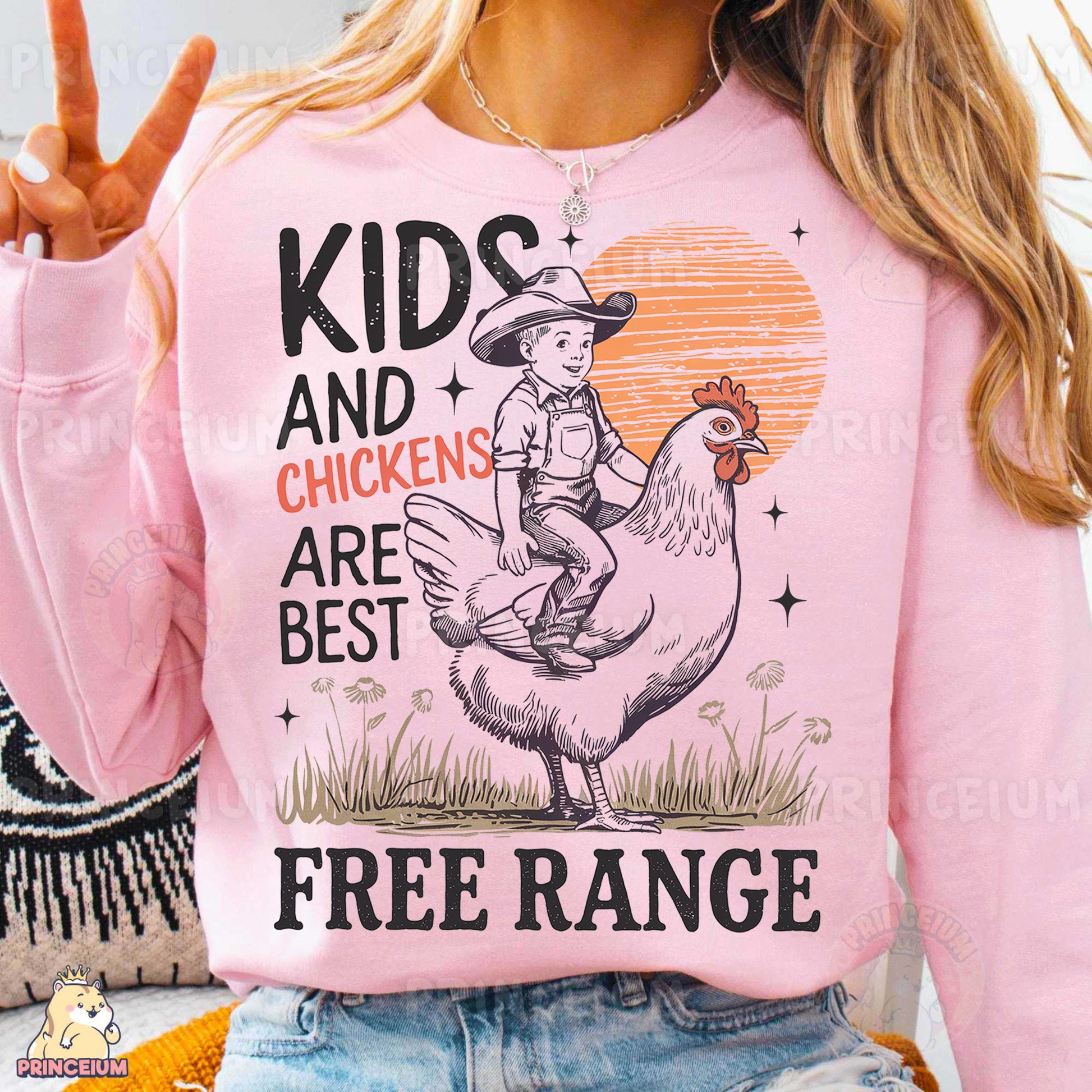 a woman wearing a pink shirt that says kids and chickens are best