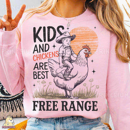 a woman wearing a pink shirt that says kids and chickens are best