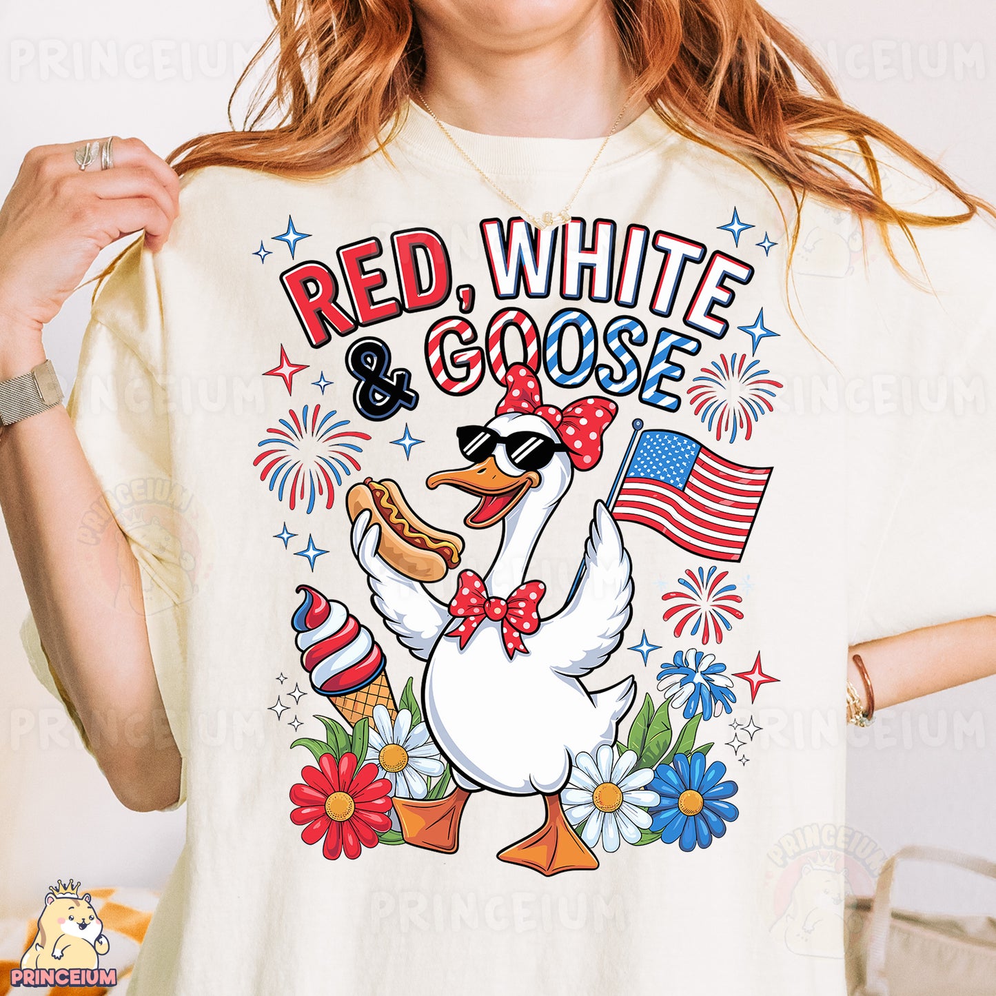 a woman wearing a red, white, and blue goose t - shirt