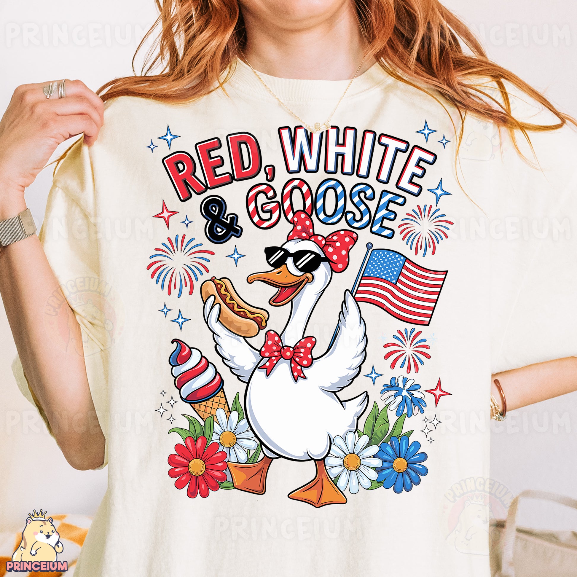 a woman wearing a red, white, and blue goose t - shirt