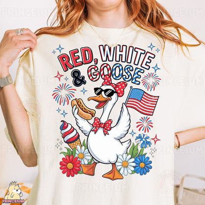 a woman wearing a red, white, and blue goose t - shirt