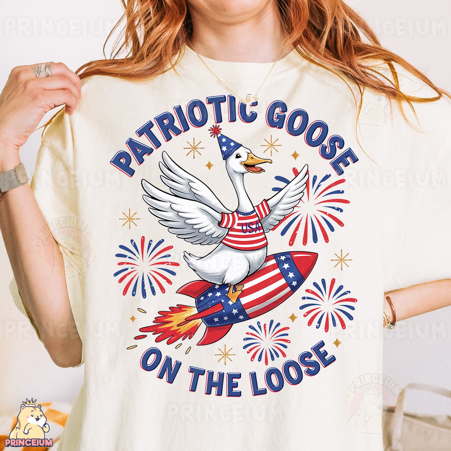 a woman wearing a patriotic goose on the loose t - shirt
