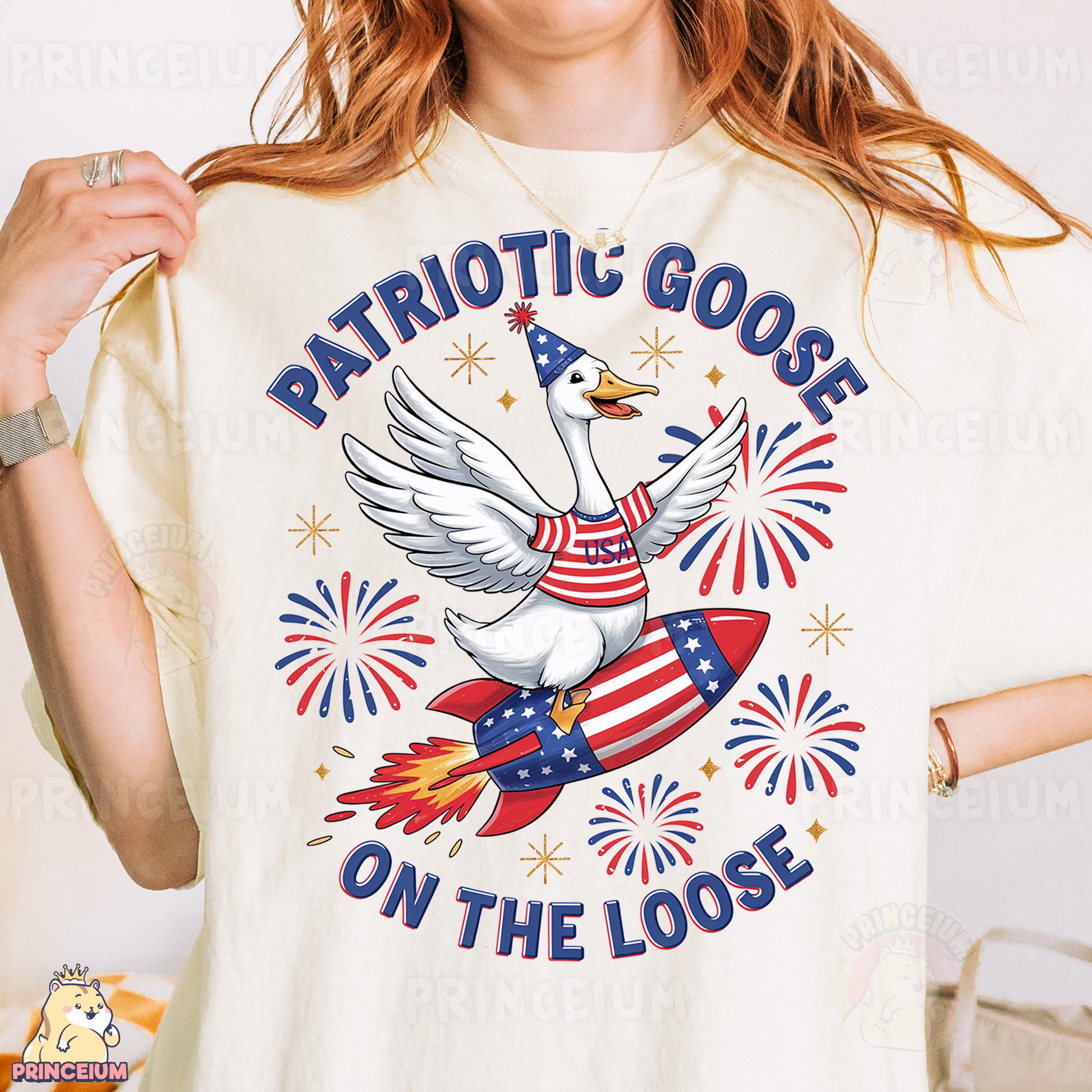 a woman wearing a patriotic goose on the loose t - shirt