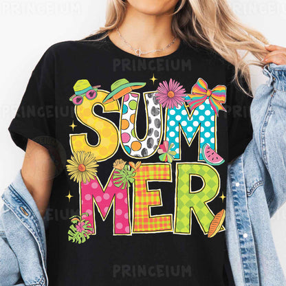 a woman wearing a black shirt that says summer