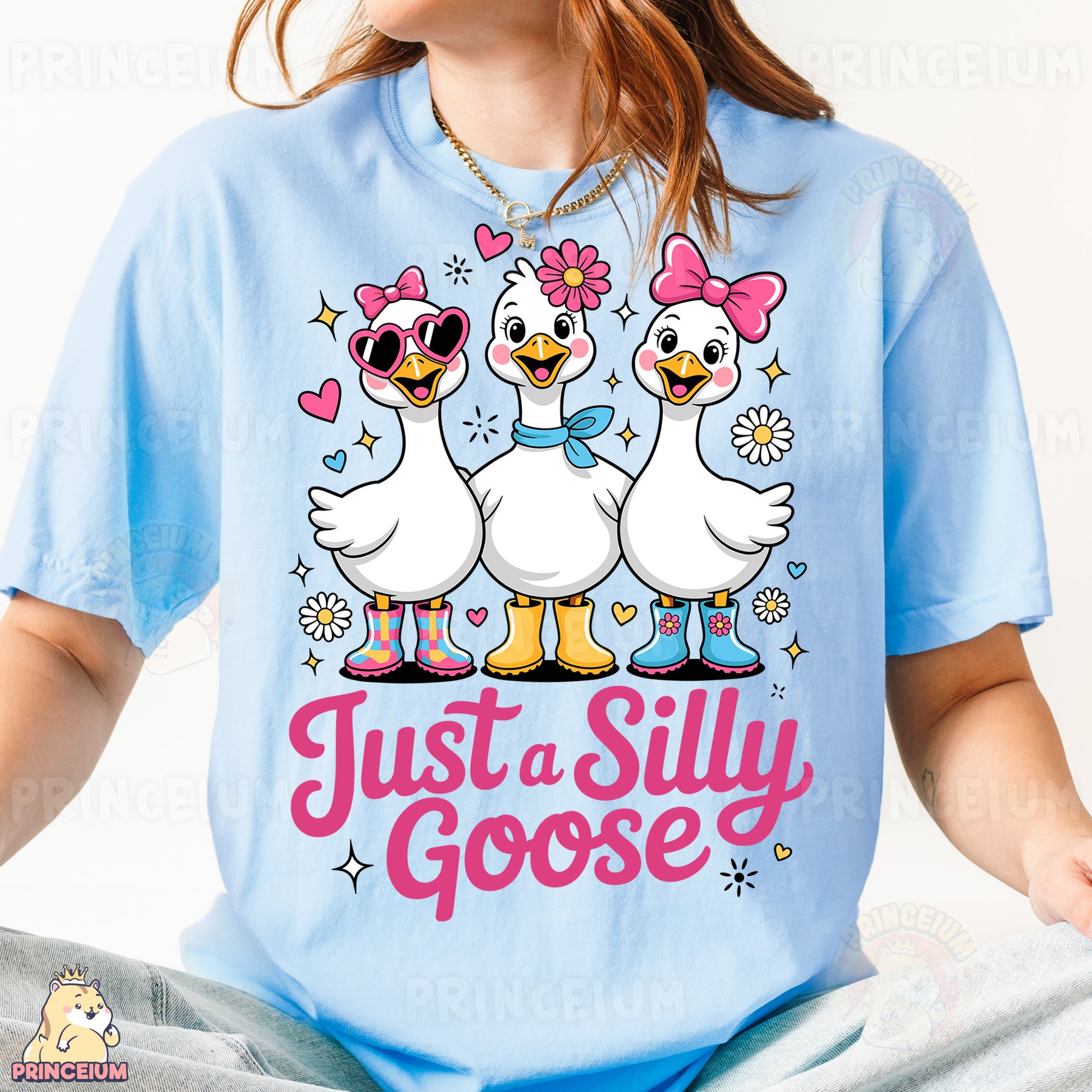 a woman wearing a t - shirt that says just a silly goose