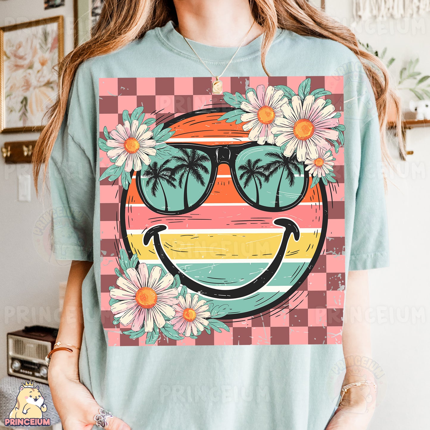 a woman wearing a t - shirt with a smiley face wearing sunglasses