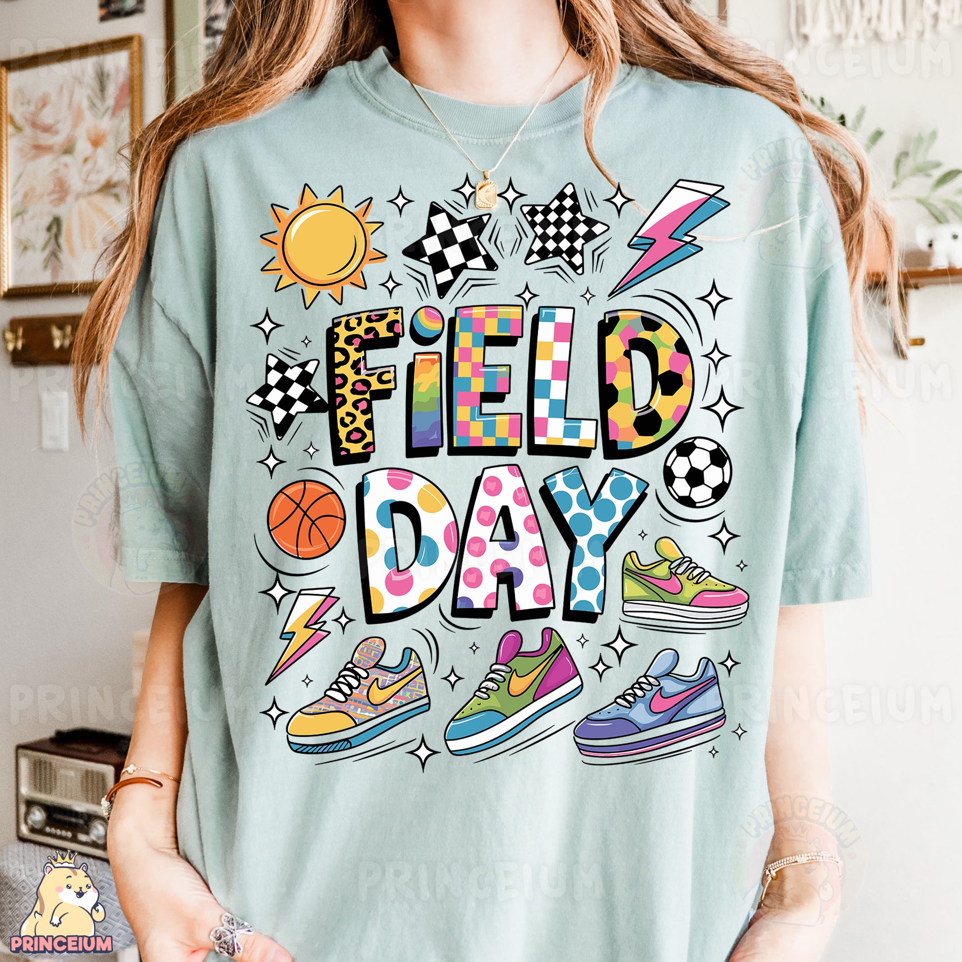 a woman wearing a t - shirt that says field day