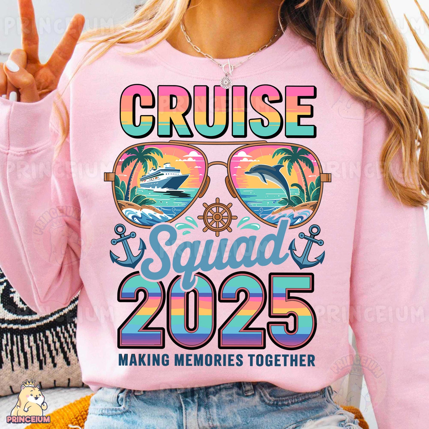a woman wearing a pink cruise squad sweatshirt