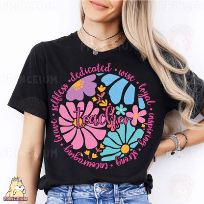 a woman wearing a black t - shirt with colorful flowers on it