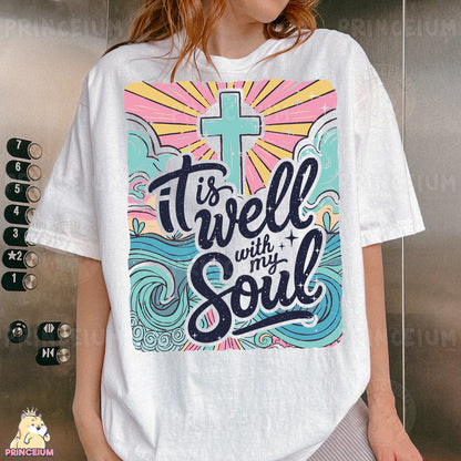 a woman wearing a t - shirt with a cross on it