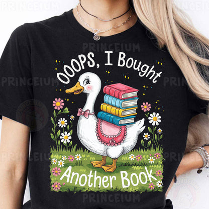 a woman wearing a black t - shirt with a goose holding a stack of books