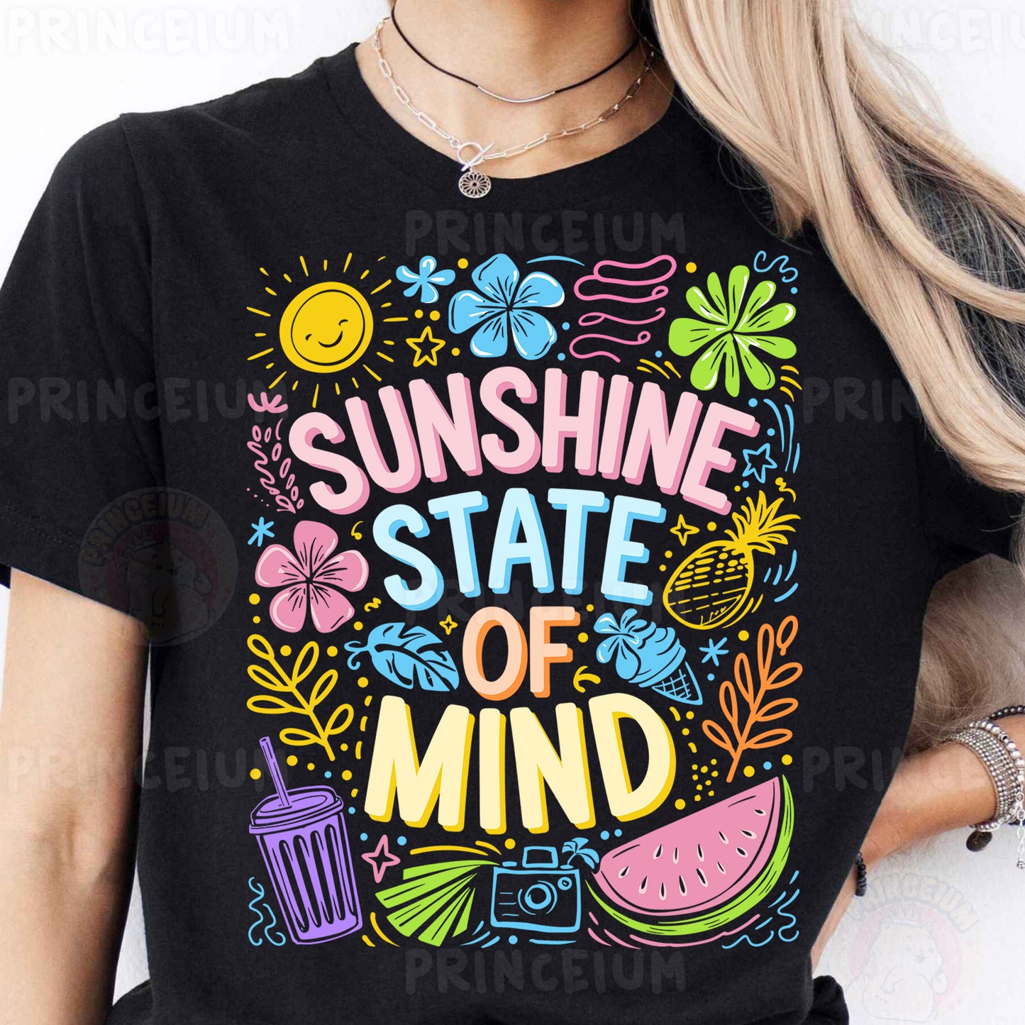 a woman wearing a black shirt that says sunshine state of mind