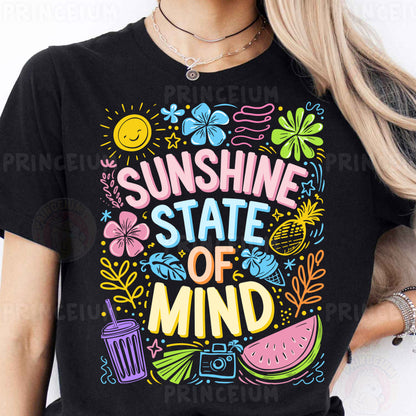 a woman wearing a black shirt that says sunshine state of mind