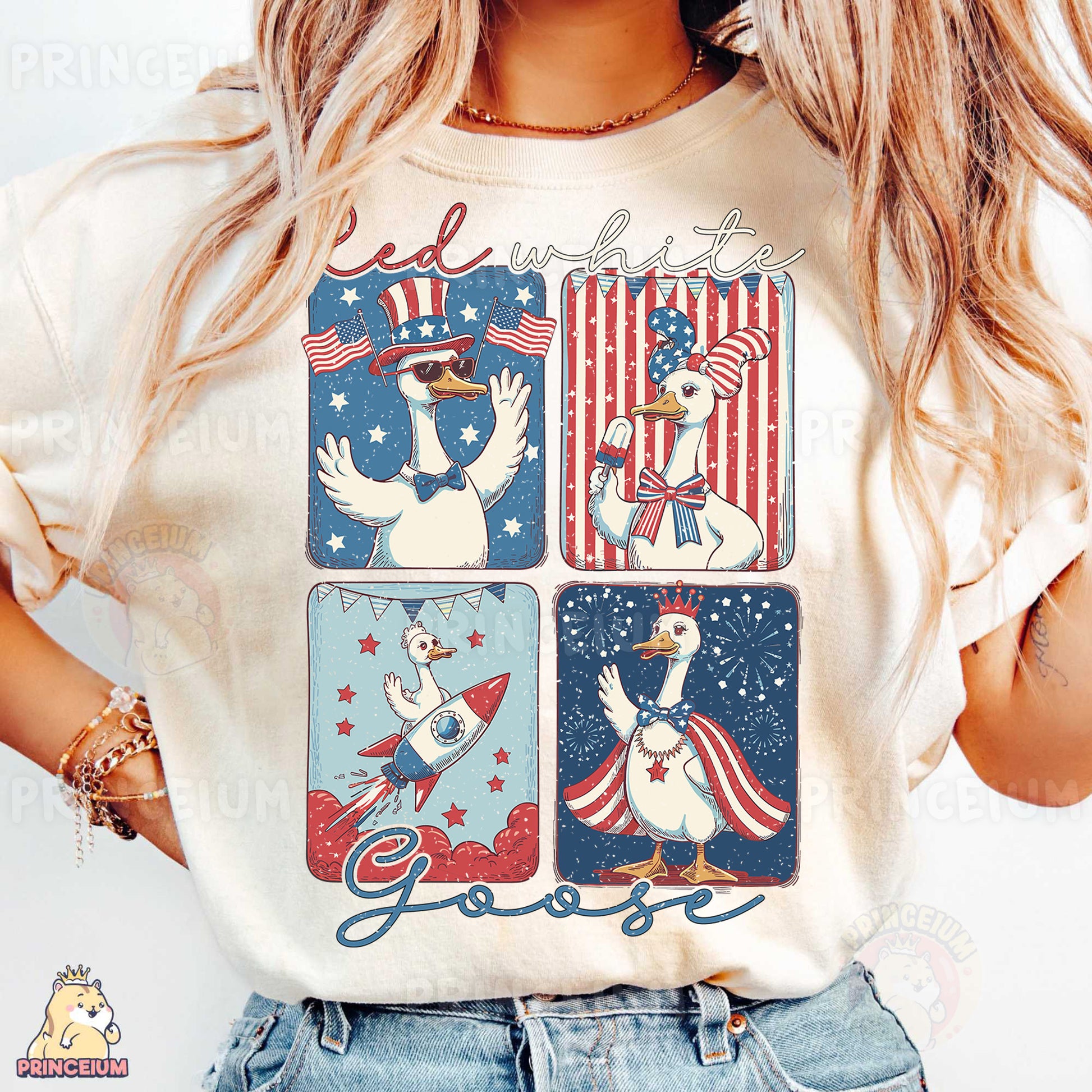 a woman wearing a patriotic t - shirt and denim shorts