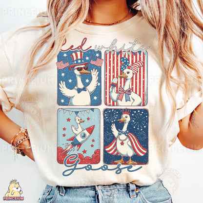 a woman wearing a patriotic t - shirt and denim shorts