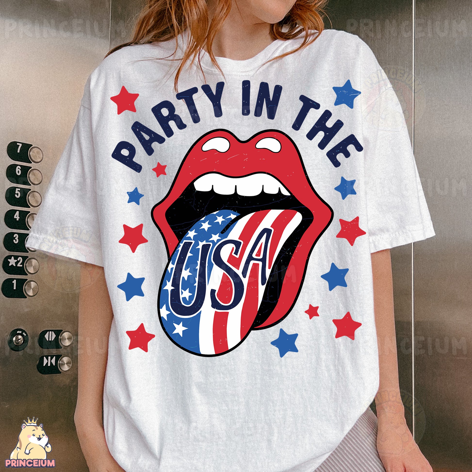 a woman wearing a party in the usa shirt