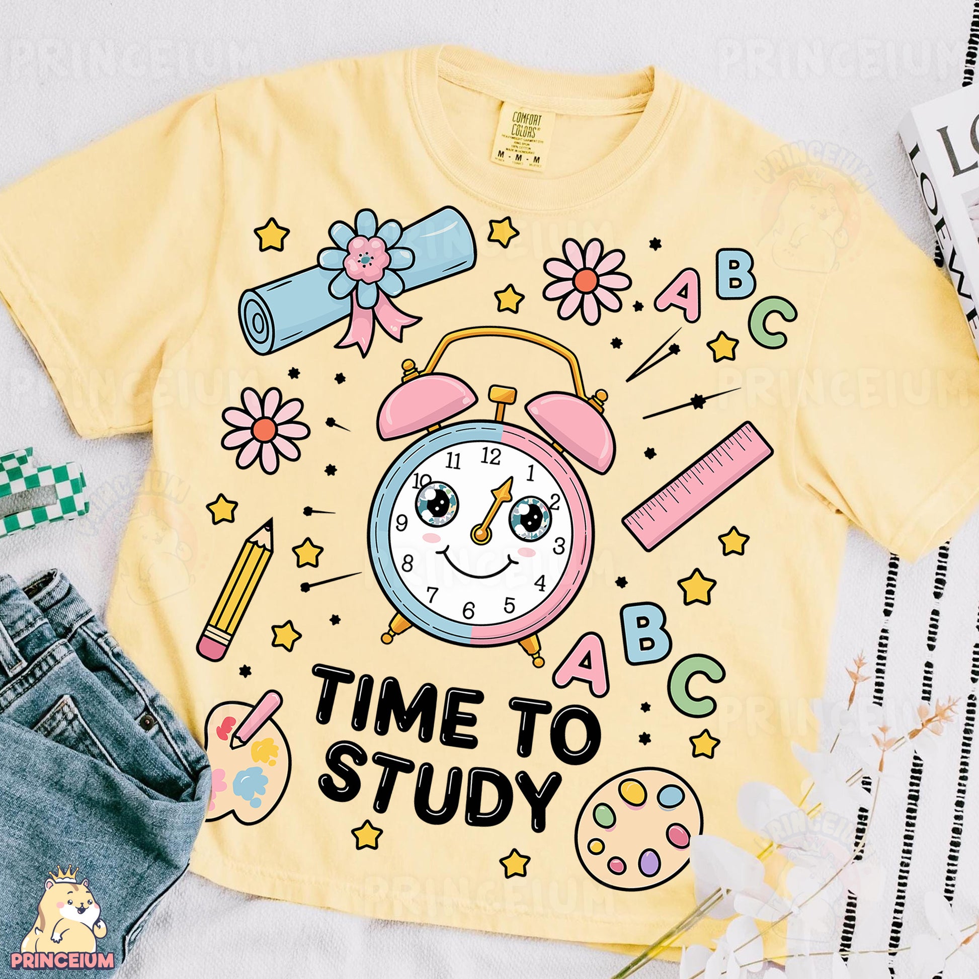 a yellow t - shirt with a cartoon clock on it