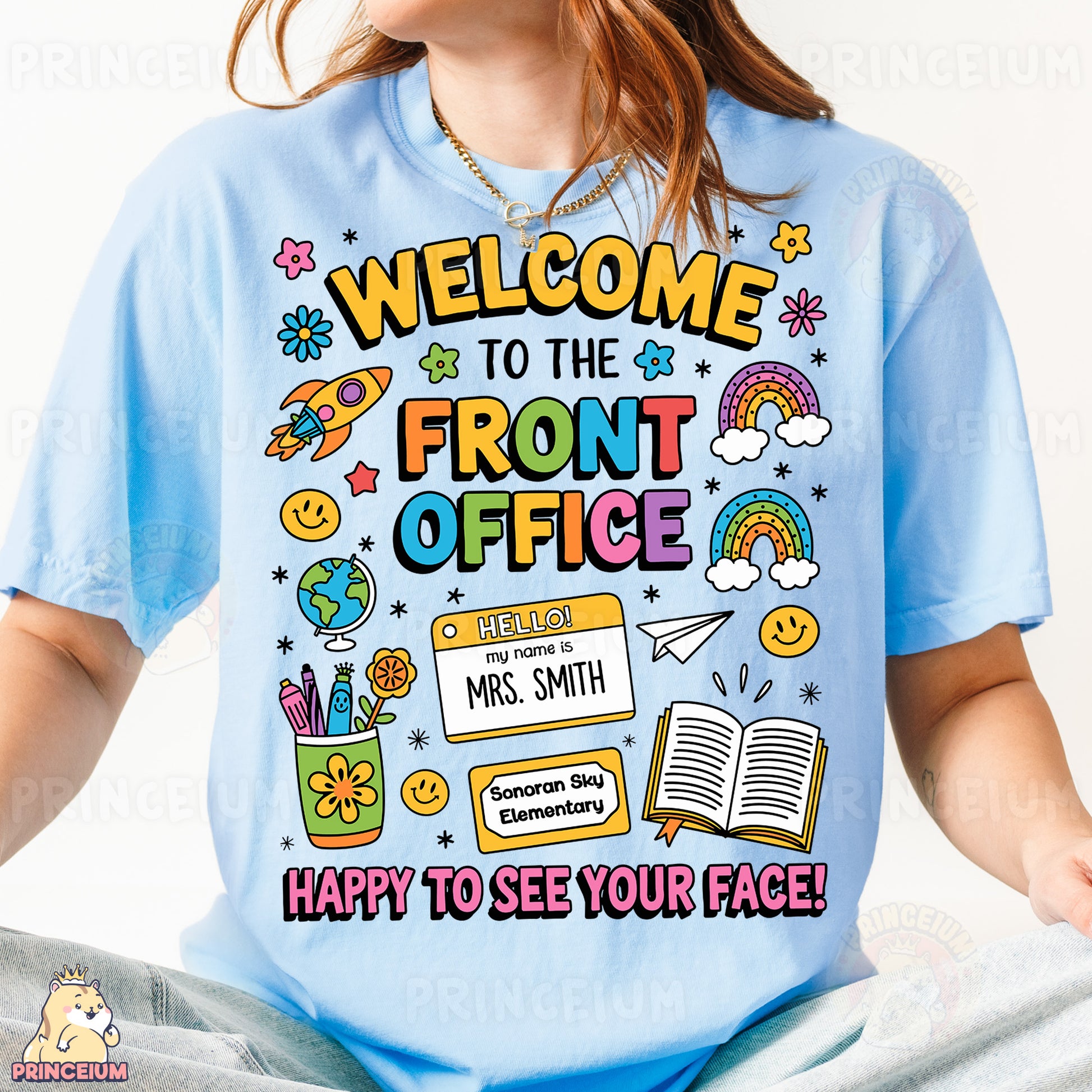 a woman wearing a t - shirt that says welcome to the front office