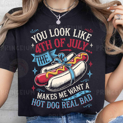 a woman wearing a black shirt with a hot dog on it