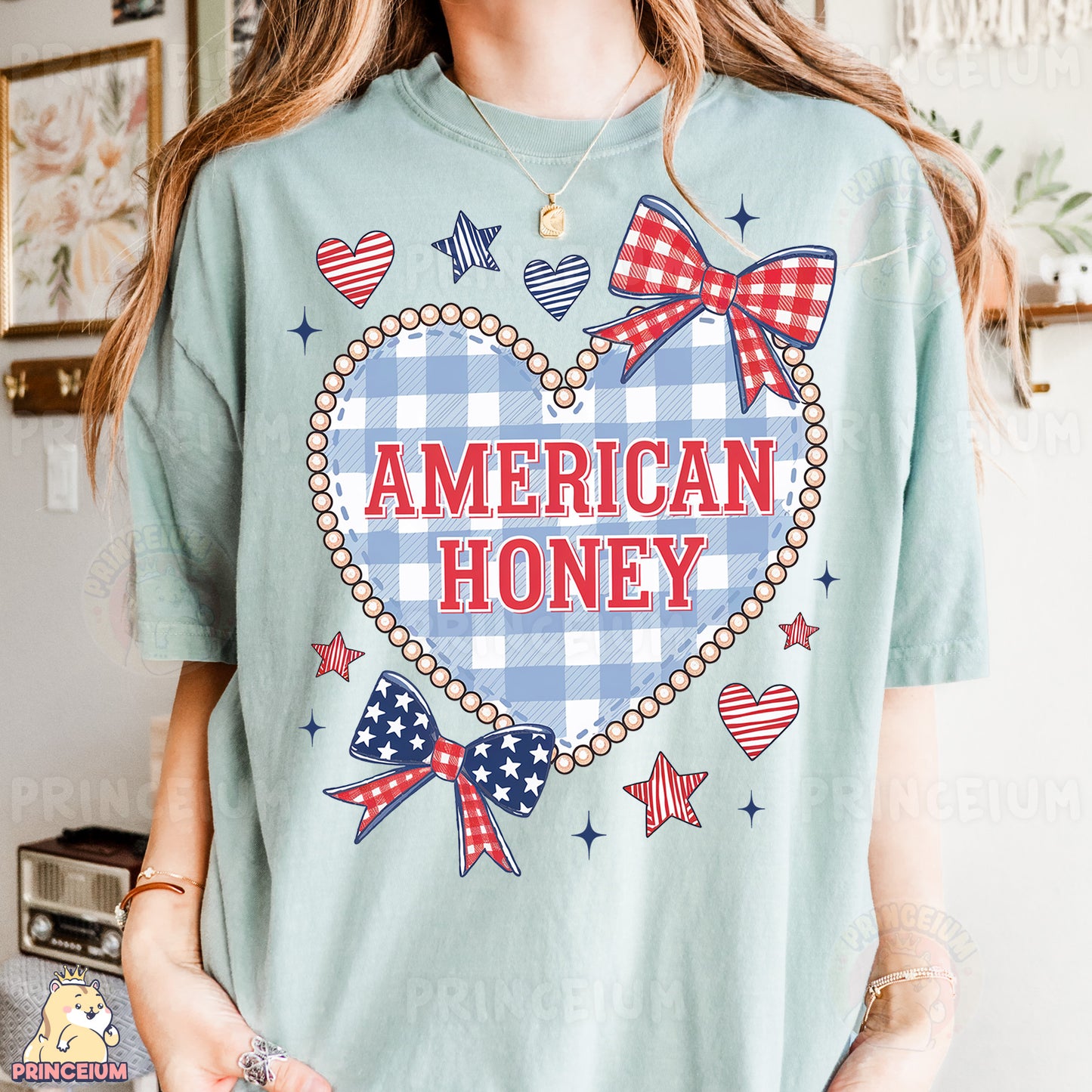 a woman wearing a t - shirt that says american honey
