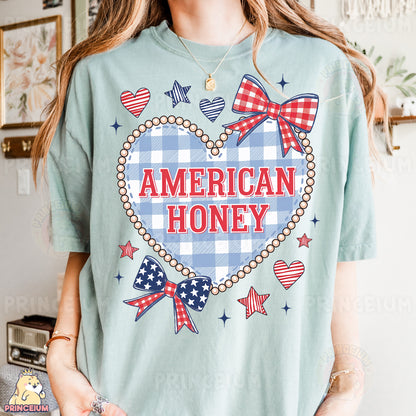 a woman wearing a t - shirt that says american honey