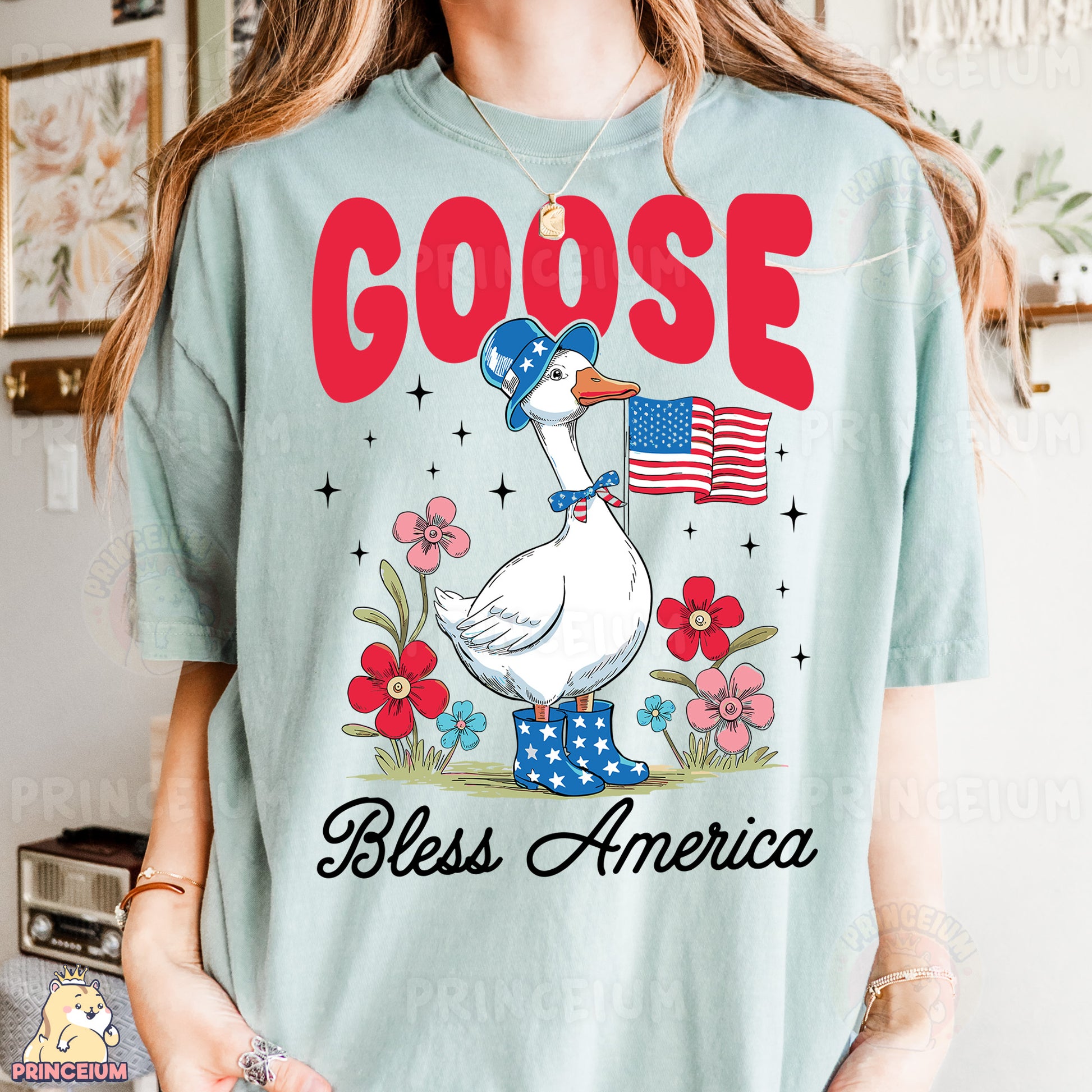 a woman wearing a goose t - shirt with an american flag on it