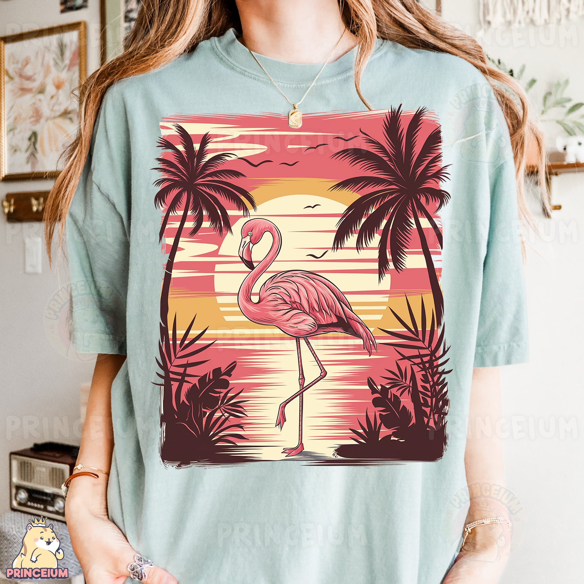 a woman wearing a t - shirt with a flamingo on it