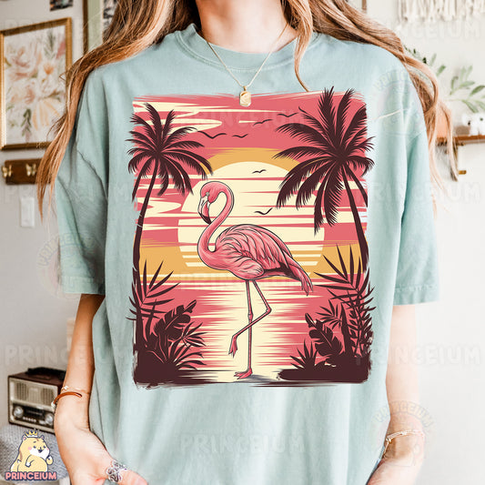 a woman wearing a t - shirt with a flamingo on it