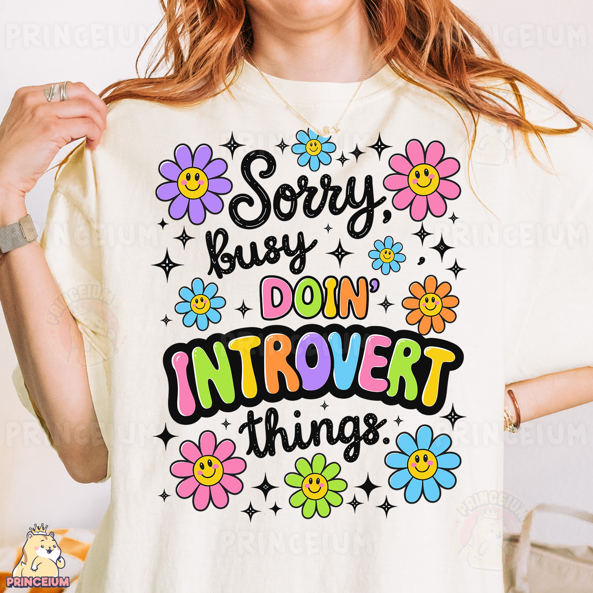 a woman wearing a t - shirt that says sorry, busy, don't