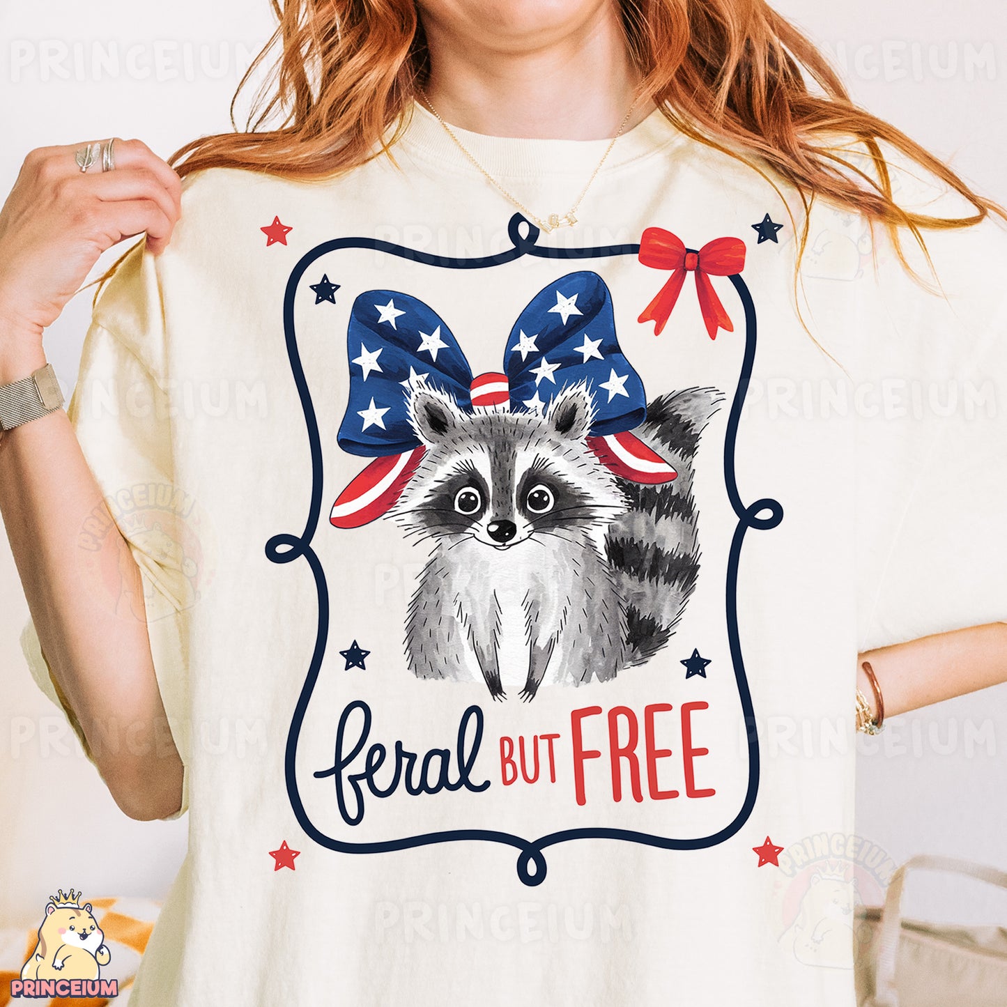 a woman wearing a t - shirt with a raccoon on it