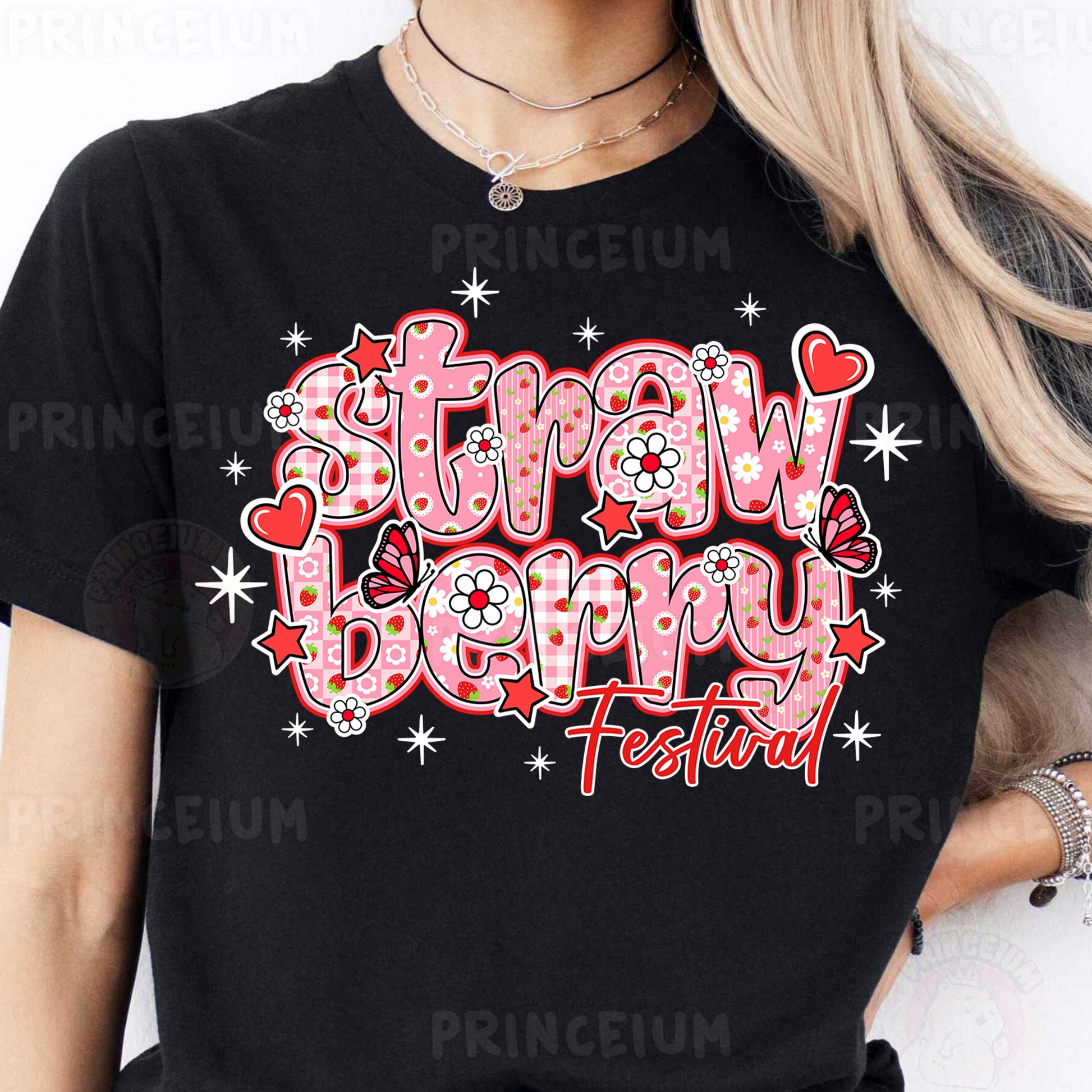 a woman wearing a black t - shirt with the words straw berry fairy on it