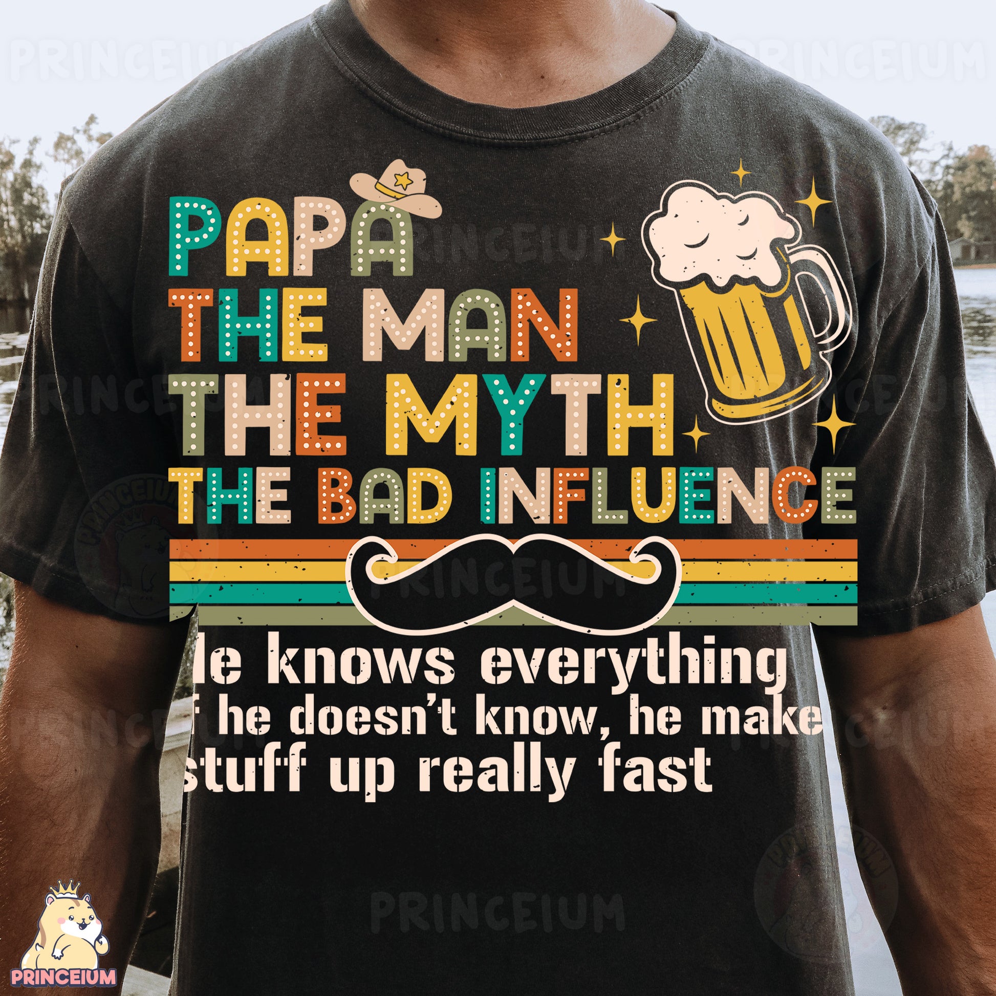 a man wearing a t - shirt that says papa the man, the myth the