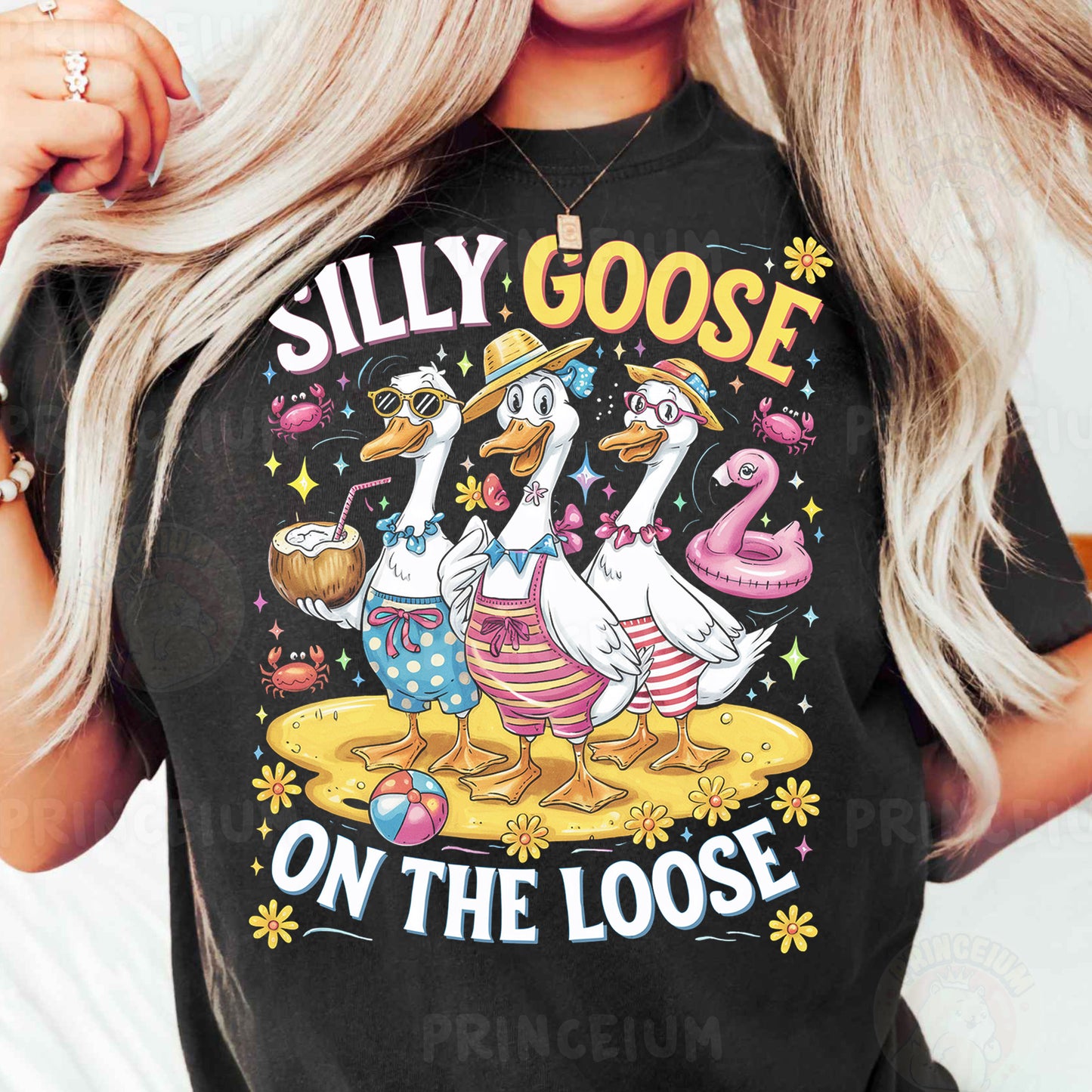 a woman wearing a silly goose on the loose t - shirt