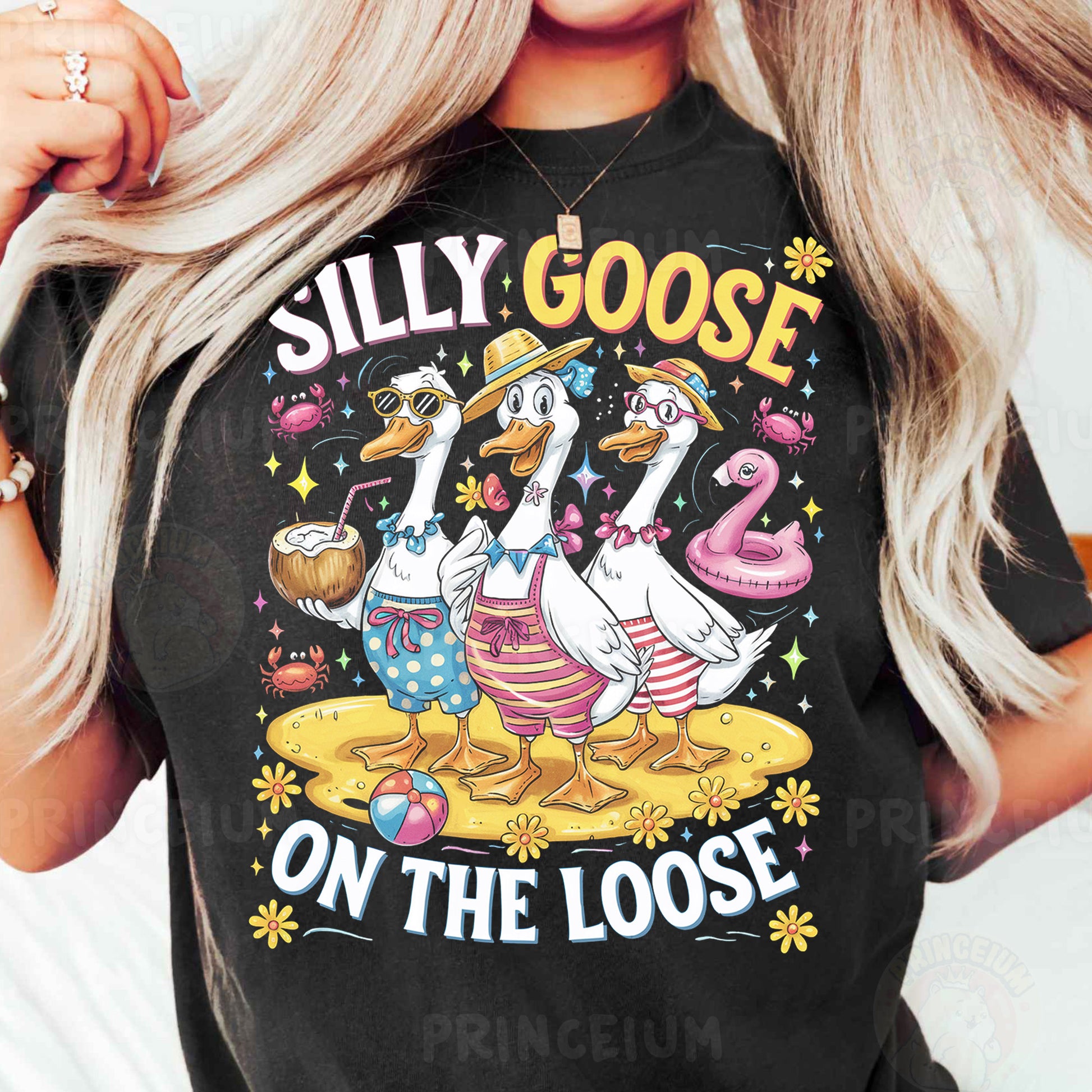a woman wearing a silly goose on the loose t - shirt