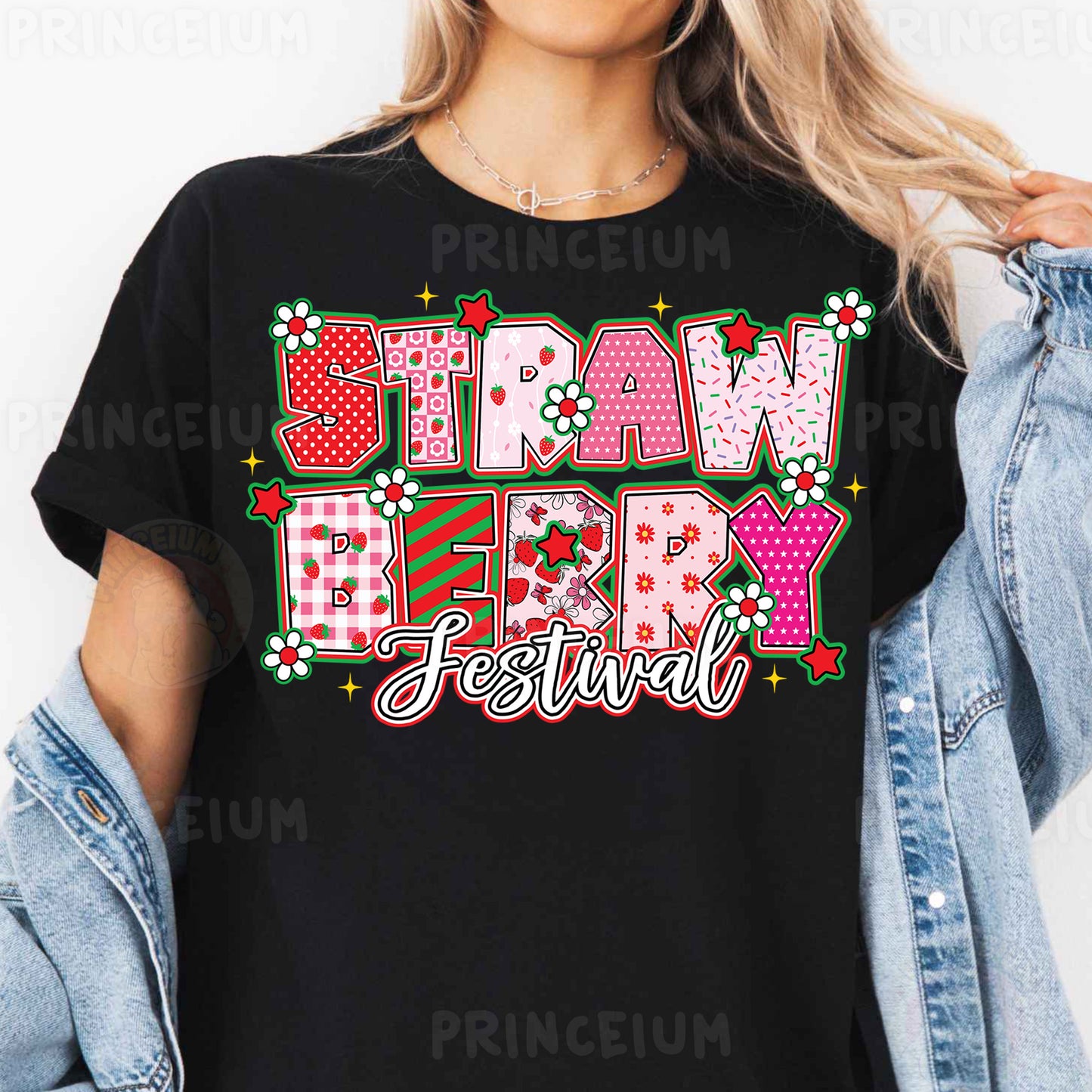 a woman wearing a black t - shirt that says straw berry festival