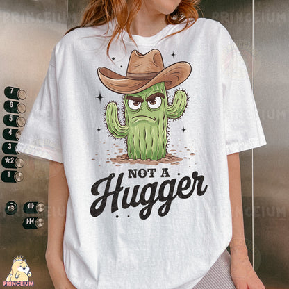 a woman wearing a white shirt with a cactus on it