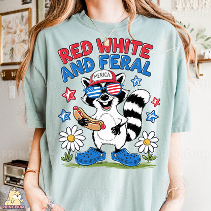a woman wearing a red, white and fe ral shirt
