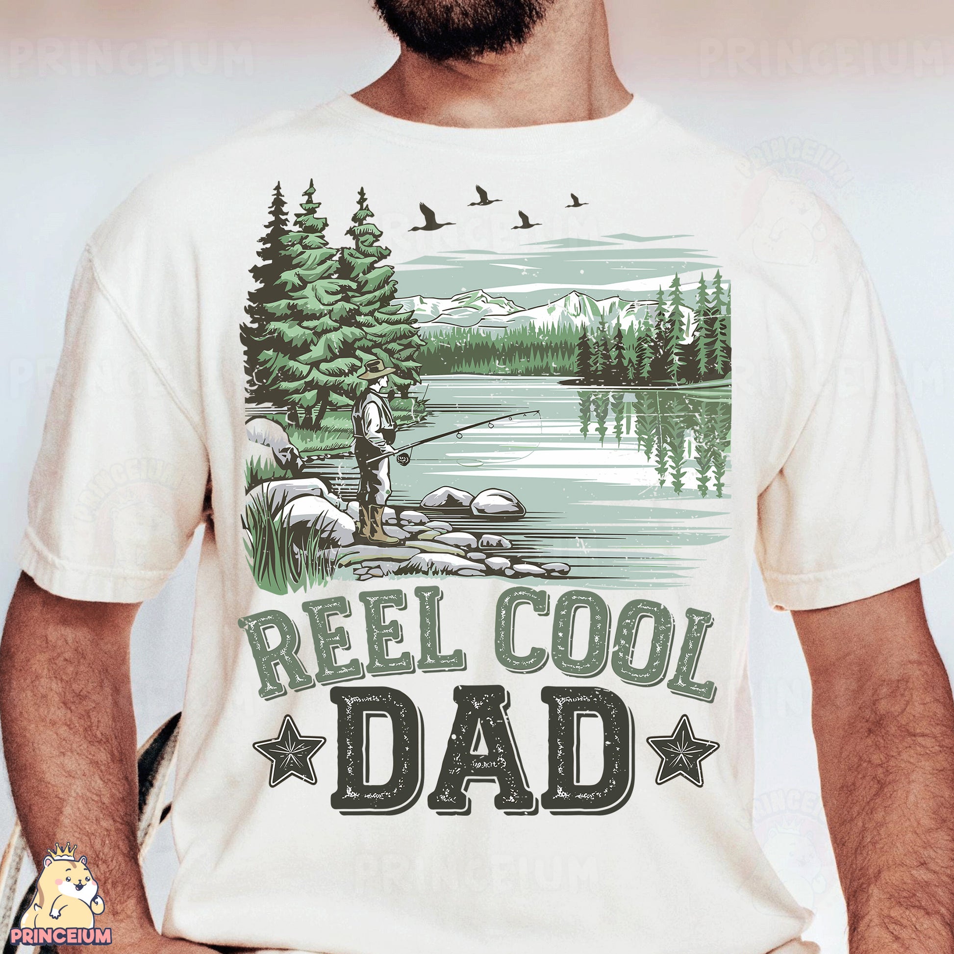 a man wearing a reel cool dad t - shirt