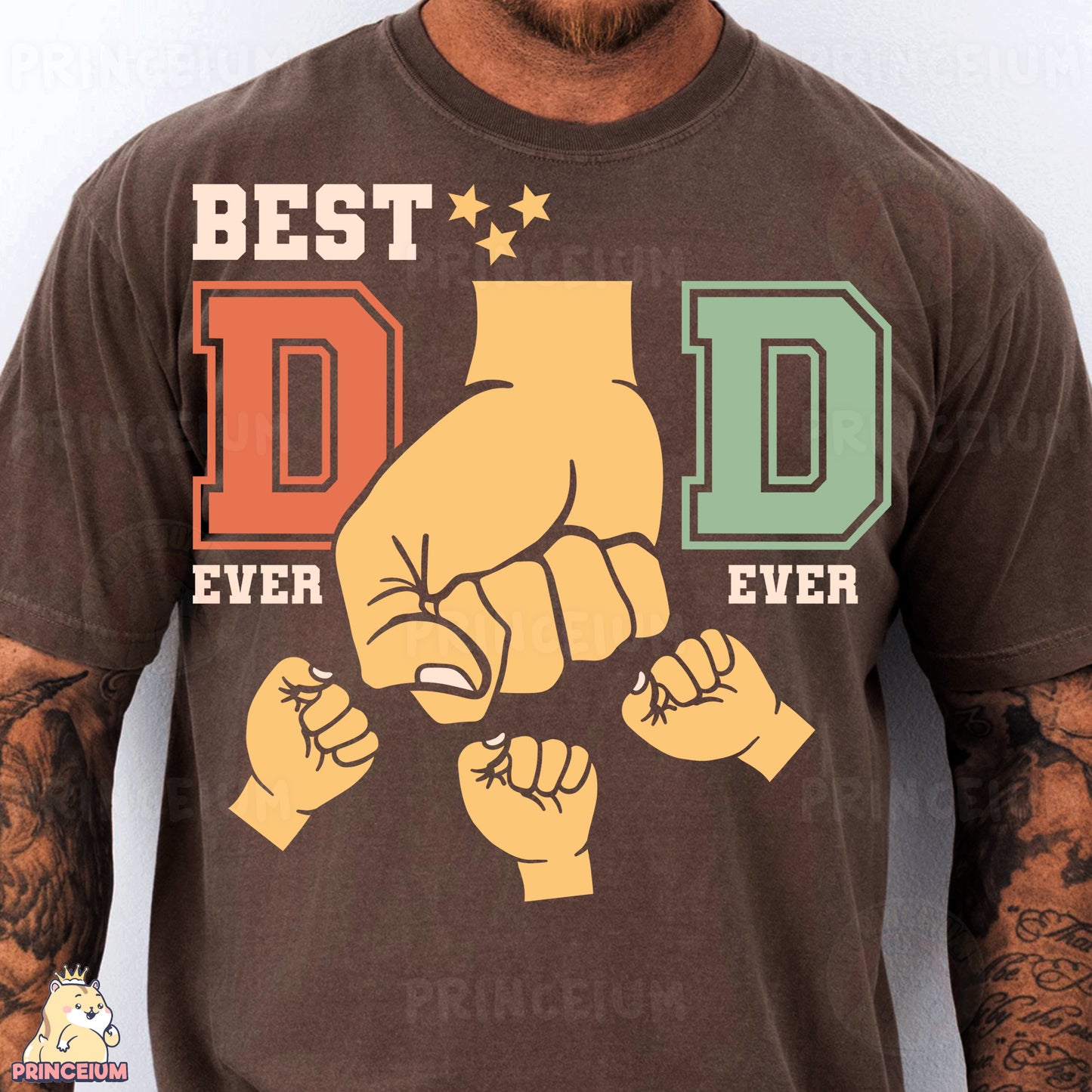 a man wearing a brown t - shirt with the words best dad ever