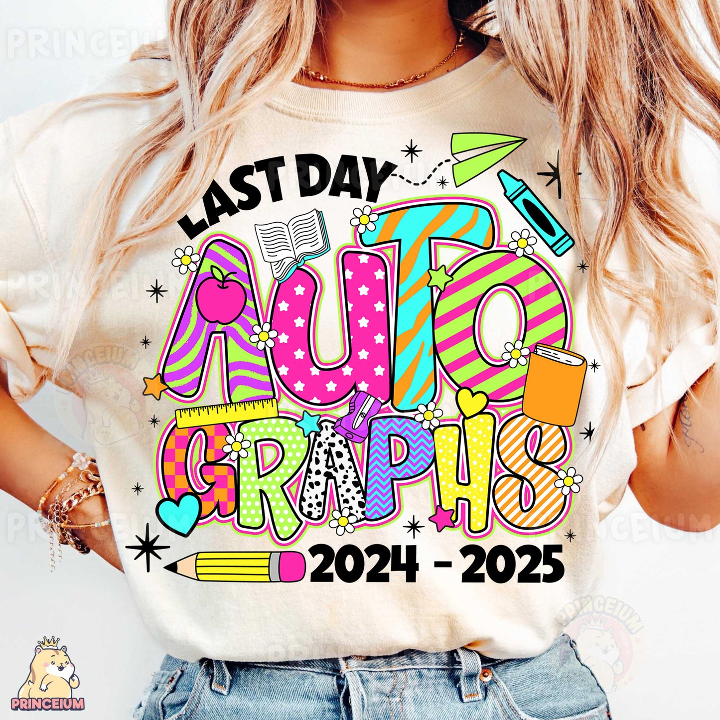 a woman wearing a t - shirt that says last day autographs