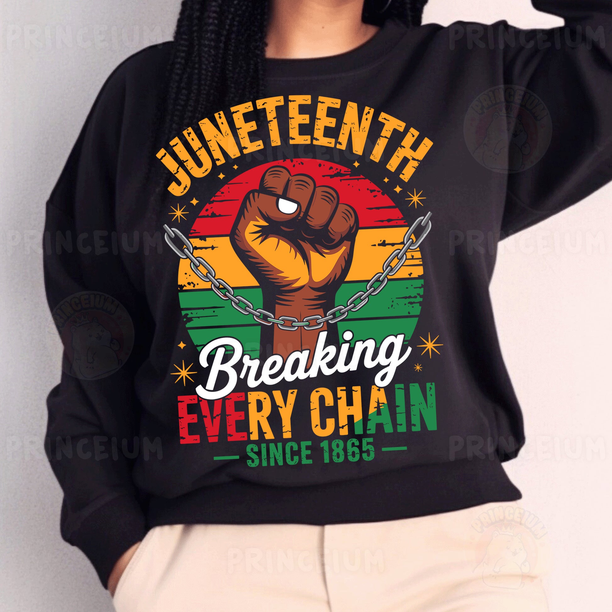 a woman wearing a black sweatshirt with the words juneteeth breaking every chain since
