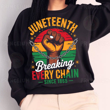 a woman wearing a black sweatshirt with the words juneteeth breaking every chain since