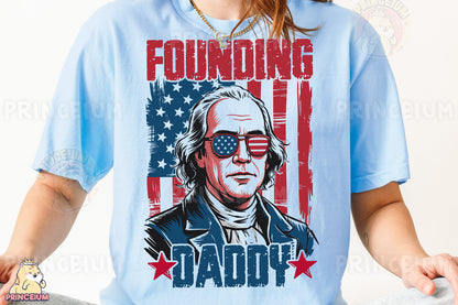 a woman wearing a blue shirt with an image of a man in glasses