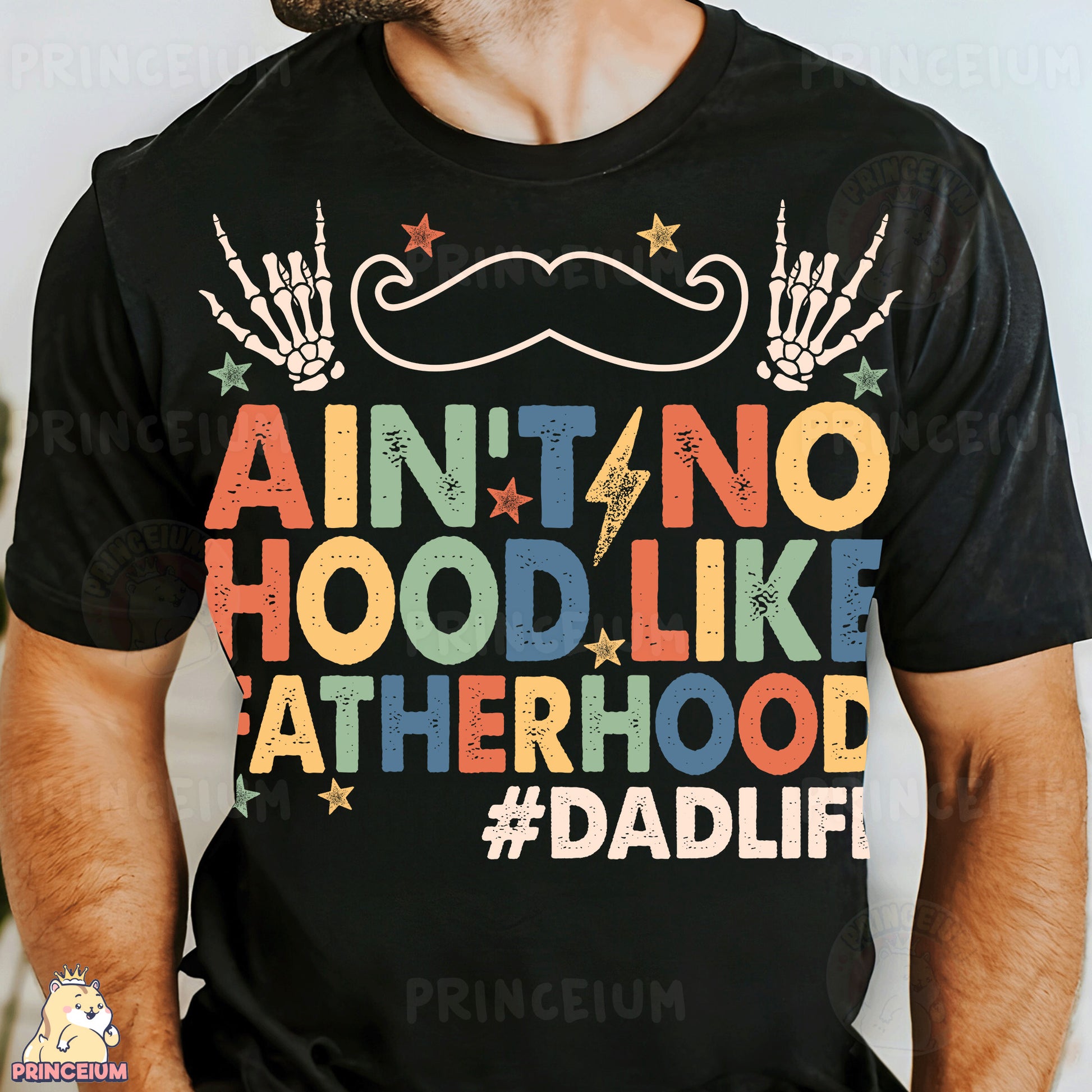 a man wearing a t - shirt with a mustache and stars on it