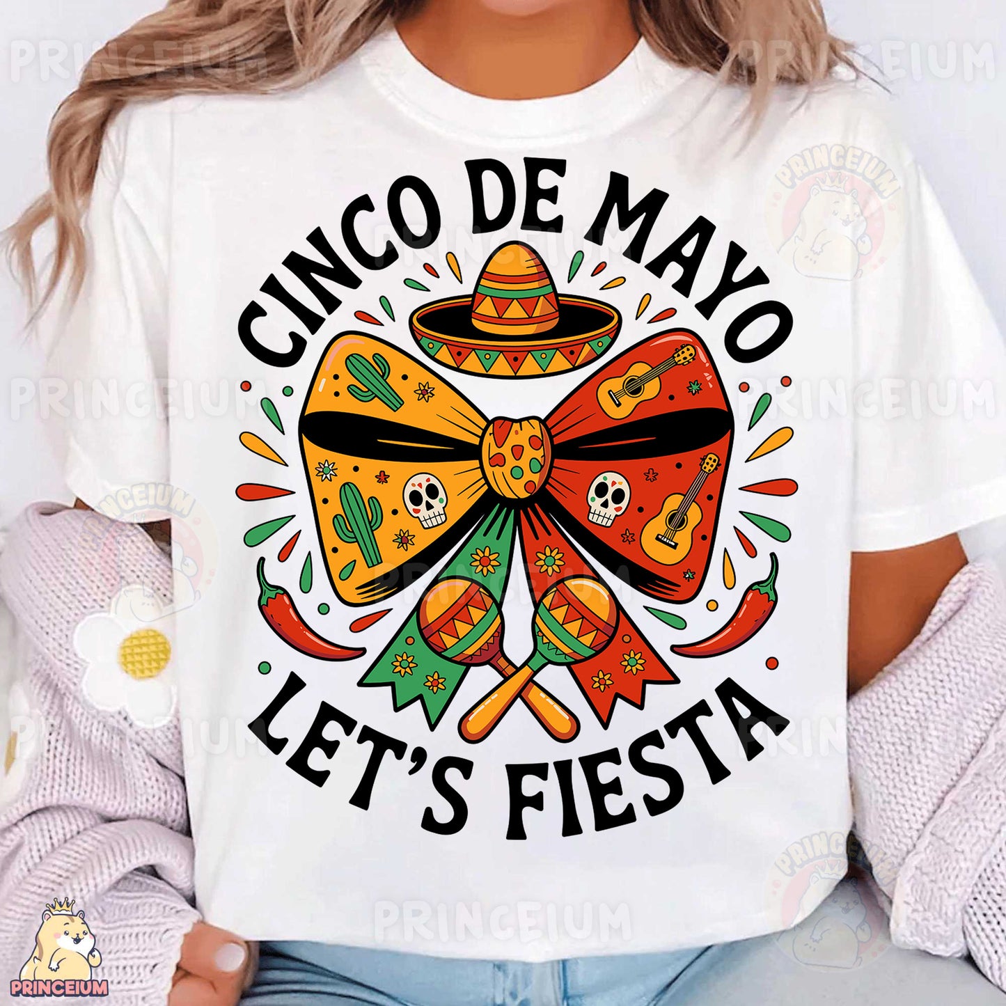 a woman wearing a cinco de mayo let's fiesta t - shirt
