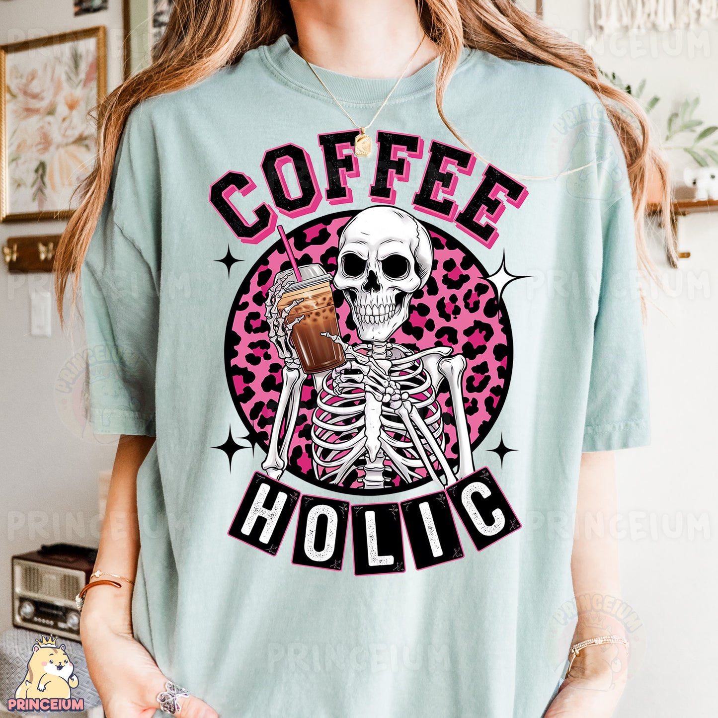 a woman wearing a t - shirt with a skeleton holding a cup of coffee